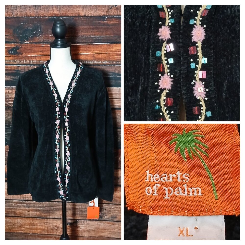 NWT Hearts Of Palm Cardigan Sweater XL Black Chenille Beaded Embroidered